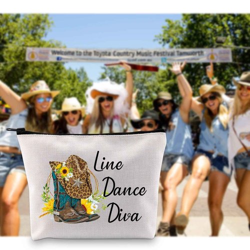 G2TUP Line Dance Gift Line Dance Diva Makeup Bag Western Country Music Dancing Dancer Cosmetic Bag Country Music Lover Gift Zipper Travel Bag (Line Dance Diva White Bag 2.0)
