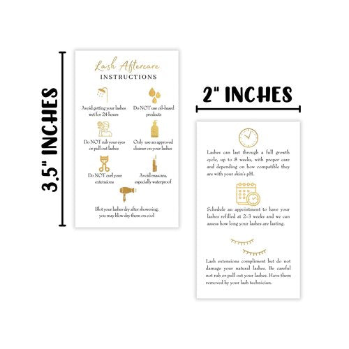 Lash Extension Aftercare Instructions Cards | 50 Pack | Size 3.5x2" inches After Care (2-3 Week Fillers) | White with Gold Icons Design