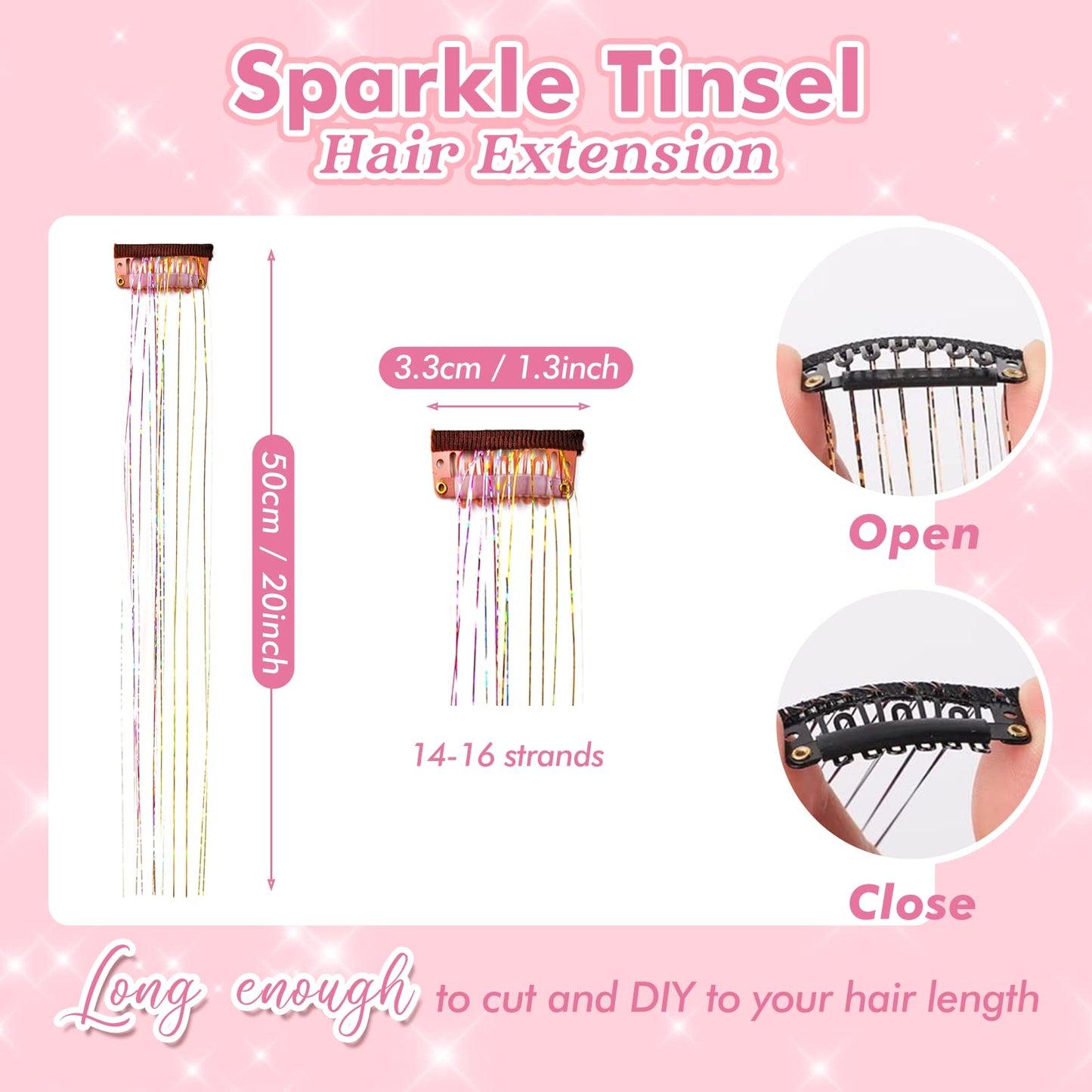 Clip in Hair Tinsel Kit, POROLIR 6Pcs Glitter Fairy Tinsel Hair Extensions 20 Inch Shiny Hair Tinsel Heat Resistant, Sparkly Strands Hair Accessories, Festival Gift for Women Girls Kids (Gold Pink)