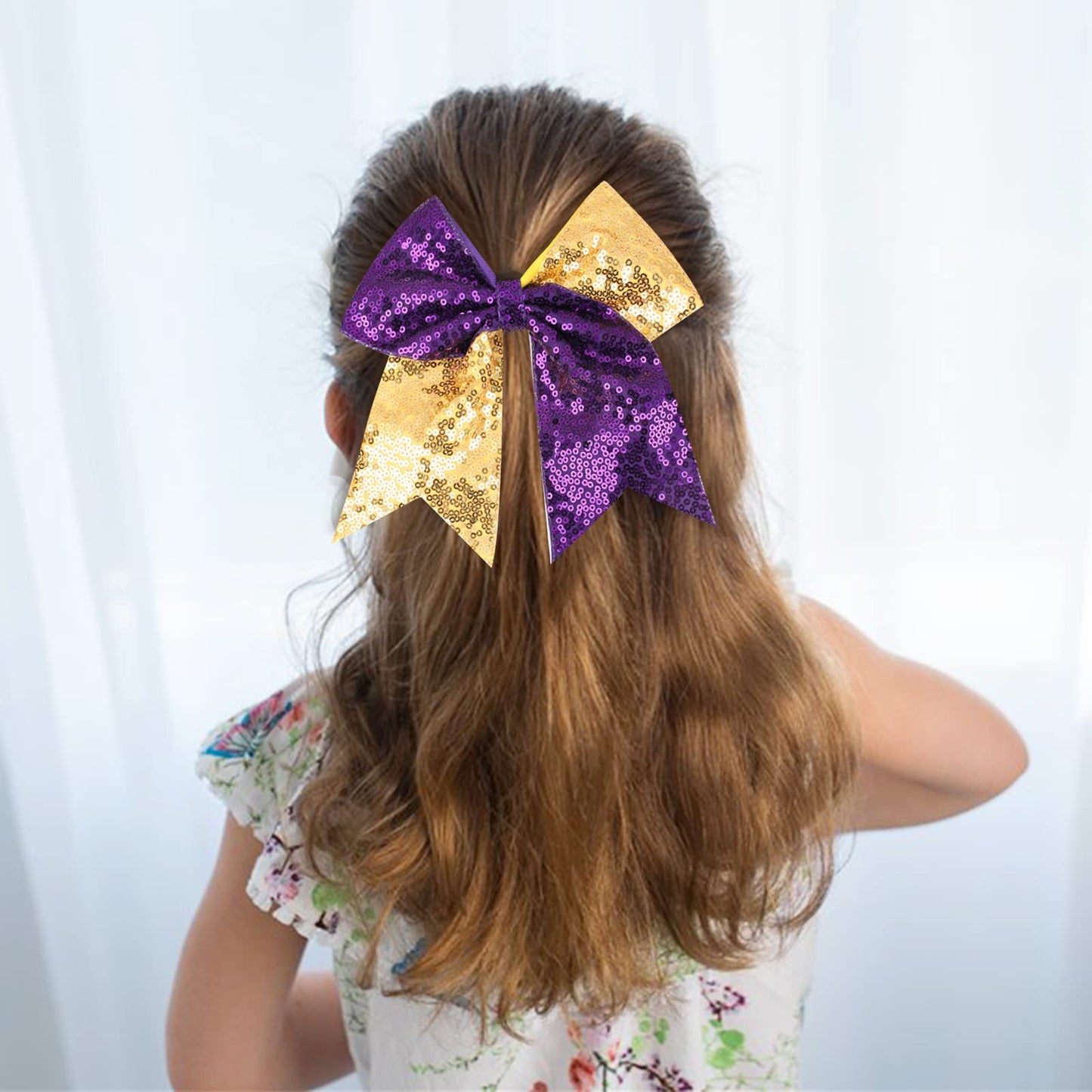 Oaoleer 12PCS 7" Sequin Glitter Cheer Bows - Large Sparkly Cheer Hair Bows for Girls - Competition Cheerleader Bows - Ponytail Holder with Elastic Band Hair Tie for Cheerleading Team Sports, Purple