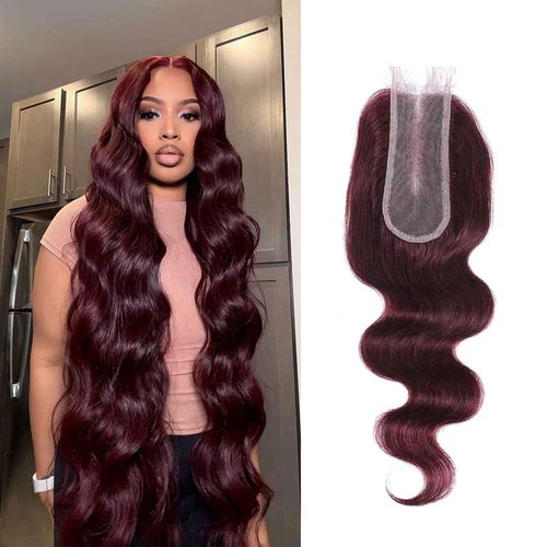 DSEKCAIN 2x6 HD Lace Closure Human Hair Body Wave 99J Burgundy Dark Red Wine Color Transparent Lace Closure 2x6 Long Deep Middle Part 100% Raw Virgin Human Hair 12 Inch 150% Density