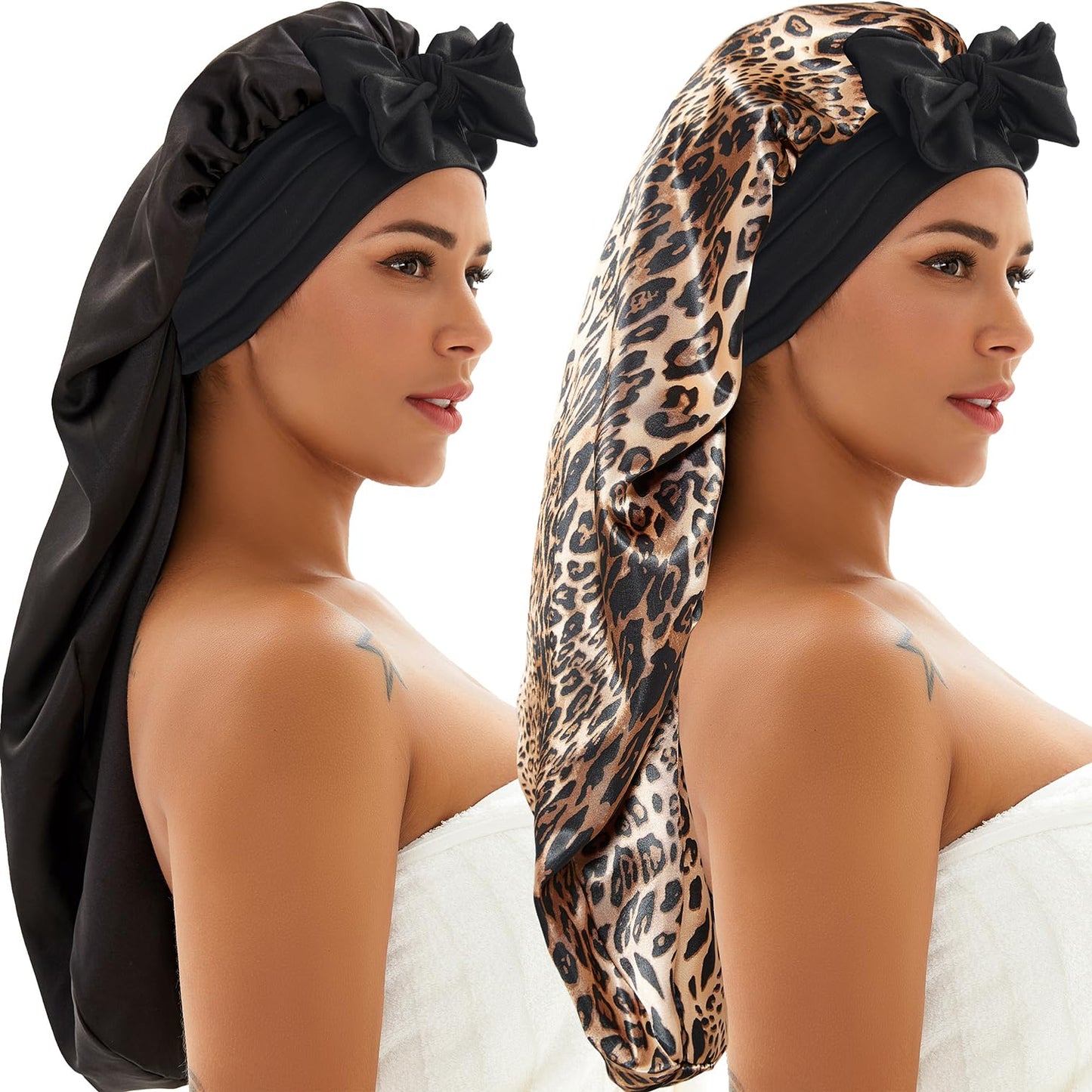 2 Pcs Silk Bonnet for Sleeping, Braid Bonnet Satin Bonnet with Tie Band Sleep Cap for Women Men Long Curly Hair Braids Black (2 Pcs-Black & Leopard)