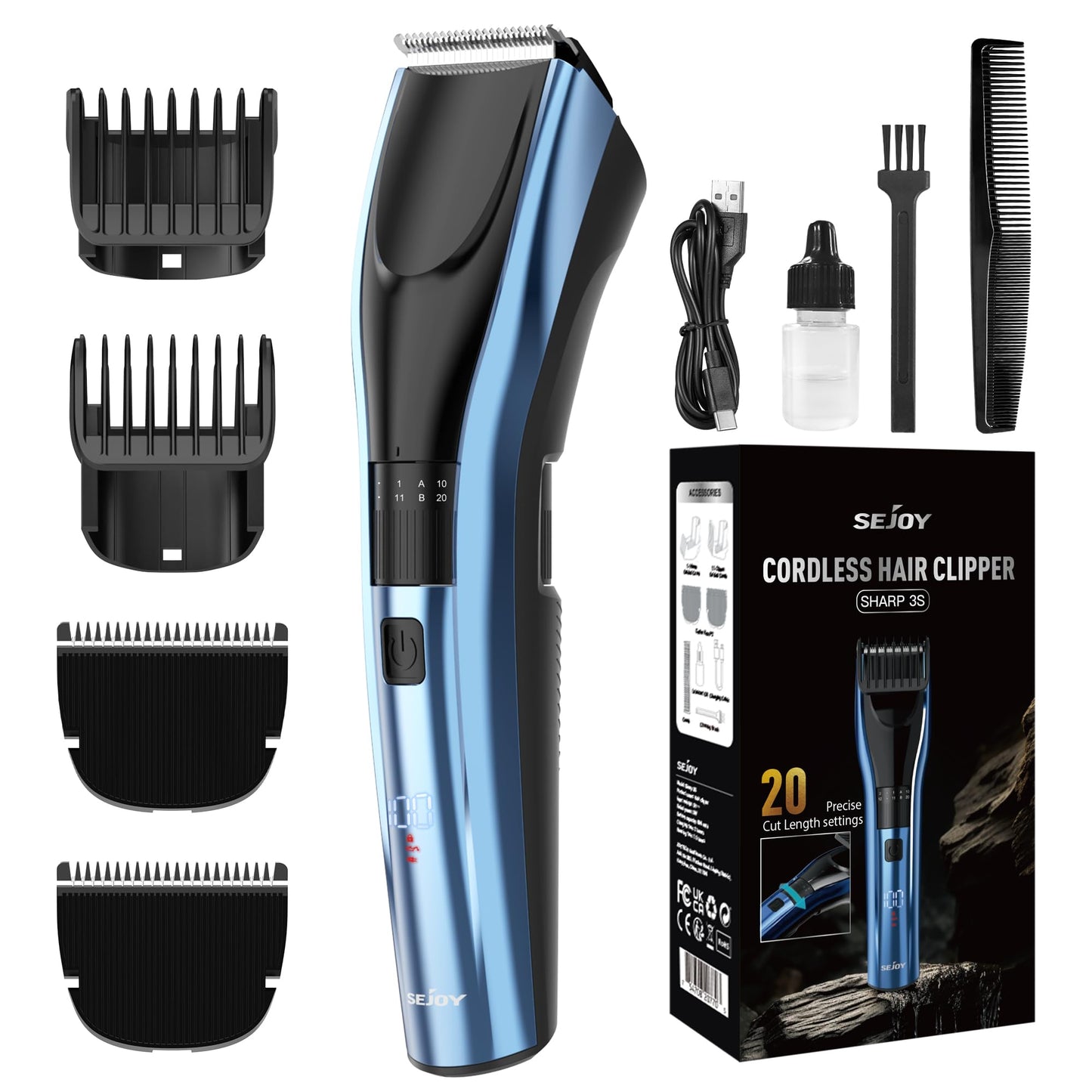 Hair Clippers for Men, Cordless Clippers for Hair Cutting Professional Mens Hair Clippers Rechargeable Hair Trimmer LED Display, 20 Adjustable Lengths