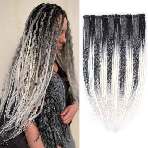 Pouweney 10PCS Clip in Dreadlock Extensions Full Sets, 24 inch Synthetic Clip Dreads Extensions Handmade Soft(gray/white, Clip-in 40 Strands)
