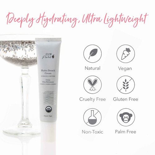100% PURE Hydra Drench Cream, Daily Face Moisturizer with Hyaluronic Acid, Rose Water, Skin Care for All Skin Types, Natural Face Cream - 1.4 Fl Oz