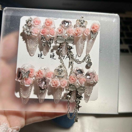 Luxury Press on Nails Long Almond Handmade 3D Unique Reusable ABS Material Fake Nails Pink Gothic False with Designs Glitter Bow Rhinestones Charms Glossy Glue on Nails Thick Acrylic Nails(M)