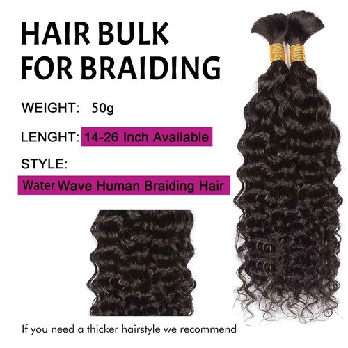 Human Braiding Hair for Boho Braids 100g 2 Bundles/Pack 16 Inch Curly Boho Hair for Braiding Knotless 12A Deep Wave Bulk Bohemian Natural Black