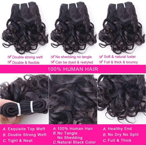 Peruvian Curly Hair Bundles Short Bob Wavy Curly Human Hair Bundles with Closure 10A Ocean Weave 6 Bundles with Closure 25g/Bundle(8"x6+8") Unprocessed Virgin Hair Bundle Natural Color
