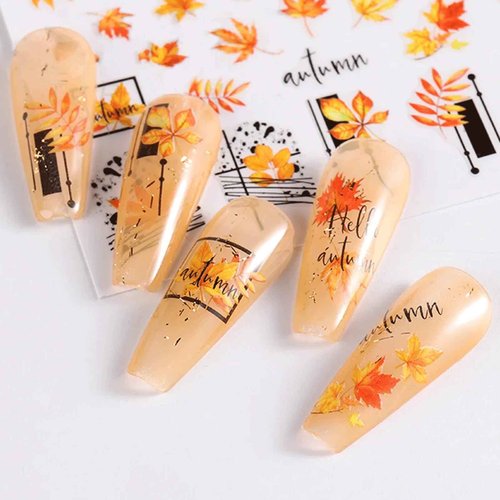 Fall Maple Leaf Nail Stickers - 3D Self-Adhesive Autumn Nail Art Decals with Squirrel & Pumpkin Designs, Thanksgiving/Halloween Nail Supplies for Women Girls, 4PCS DIY Manicure Stickers