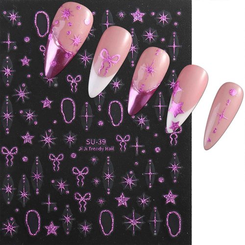 Star Bow Nail Stickers Decals Gold Silver Laser Purple Nail Art Decals Self-Adhesive Designs Nail Art Stickers for Women DIY Nails Decorations Star Nail Decals Accessories