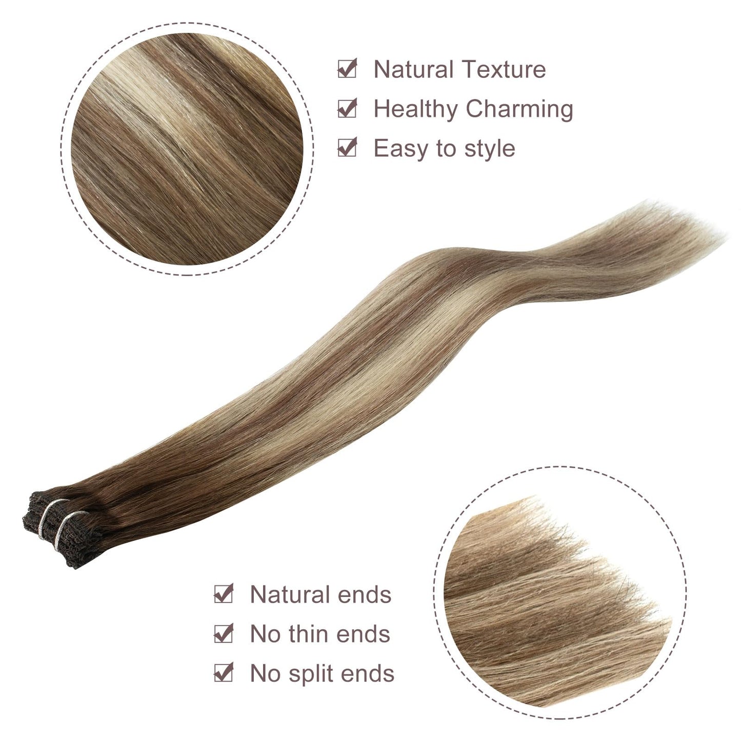 FUBILI Clip in Hair Extensions Walnut Brown to Ash Brown Mix Light Blonde Balayage Human Hair Extensions 100% Real Human Hair 14Inch 30g 5pcs