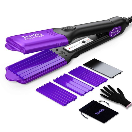 Terviiix Crimper Hair Iron with 4 Interchangeable Plates, Keratin & Argan Oil Infused Hair Crimper for Women, Volumizing Crimping Iron for Thin Fine Hair, 5 Heat Settings & 60 Mins Auto Off, Purple