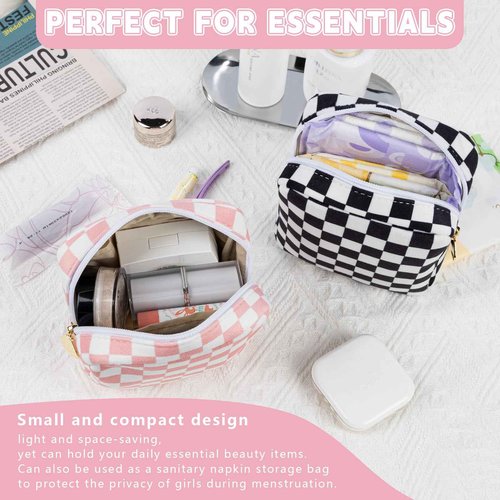 Desing Wish 5.1'' x 5.1'' Small Makeup Bag for Purse Flocked Material Mini Travel Makeup Bag with Two Inner Pockets Portable Cute Cosmetic Bags for Women (Black-White Checker)