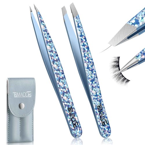 TsMADDTs Eyebrow Hair Removal Tweezer, 2-Pack Slant and Point Tip Tweezers for Women and Men Eyebrows, Facial and Ingrown Hairs, Stainless Steel