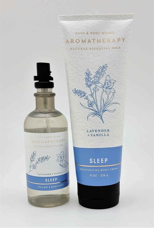 Bath & Body Works - Aromatherapy - Lavender Vanilla – Sleep - 2 pc Bundle - Pillow and Body Mist - 5.3 fl oz - & Body Cream - 8 oz
