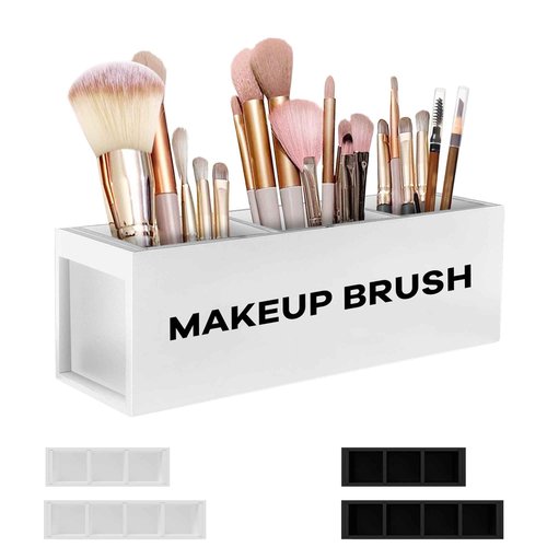 Suli Large Makeup Brush Holder Organizer, Wooden Cosmetic Brushes Storage with 3 Slots, Eyeliners Display Case for Vanity Desktop Bathroom Countertop -White