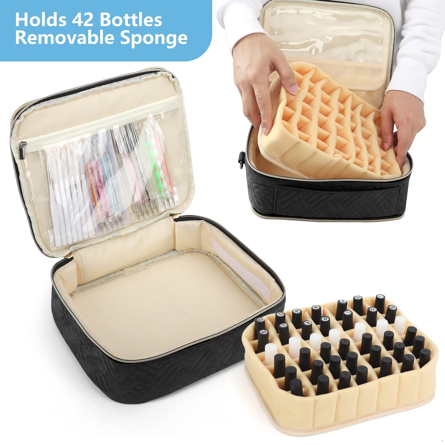 Double Layers Carrying Bag, Detachable Nail Polish Storage Organizer Case, Holds 42 Bottles Gel Nail Polish and 1 Led Nail Lamp, Travel Makeup for Nail Art Tools and Manicure Accessories