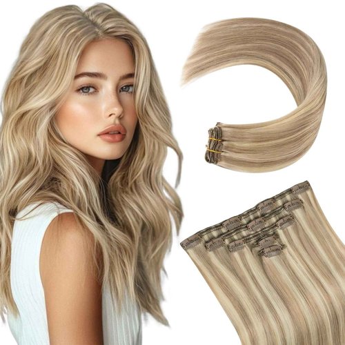 MEI YUAN LIN Clip In Hair Extensions Real Human Hair #18p613 Ash Blonde Mix Bleach Blonde Highlights Remy Hair Extensions Clip In 16 Inch 5 Pcs 80 G