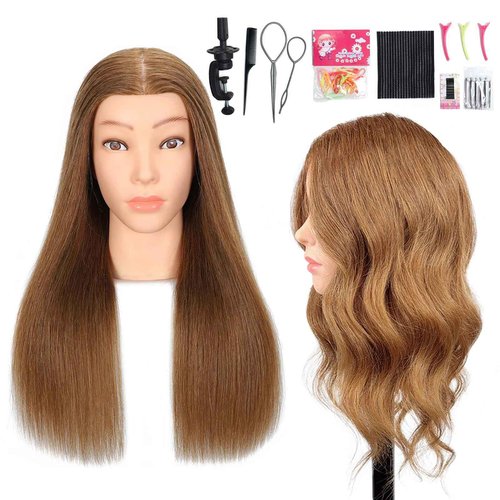 MQHIHI Mannequin Head Human Hair, 100% Real Hair Cosmetology Manikin Head for Practice Braiding Hairstyling Cutting with Free Clamp Holder and Tools (100% Light Brown)