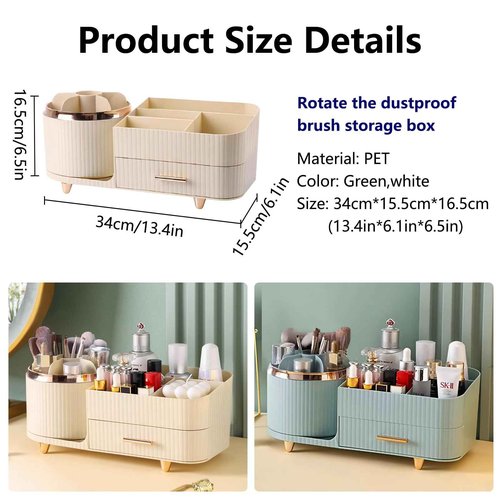 DASITON 360° Rotating Makeup Organizer with Drawers-Large Capacity Cosmetic Display Case for Skincare,Brushes,Eyeshadow&Lipstick(Cream)