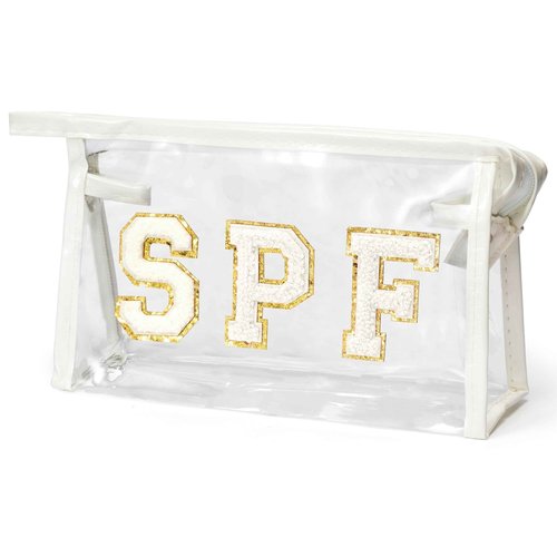 AsodSway Preppy Patch SPF Cosmetic Bag, Christmas Gift SPF Varsity Letter Clear Toiletry Bag Waterproof PVC Cosmetic Case Multi-Function Zippered Pouch Makeup Bag for Beach Pool, Pencil Pouch(White)