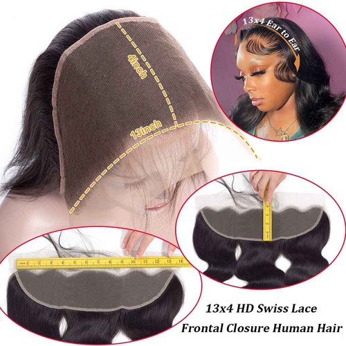13x4 HD Transparent Lace Frontal Human Hair Body Wave Lace Closure 100% Brazilian Virgin Human Hair Ear to Ear Lace Front Natural Color 14 inch