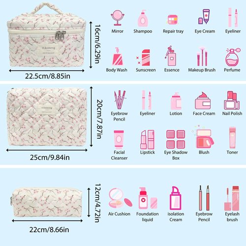 3 Piece Floral Quilted Makeup Bag, Large Capacity Travel Cosmetic Bag for Women and Girls, Aesthetic Storage for Daily and Travel Use (3pcs-peachblossom)