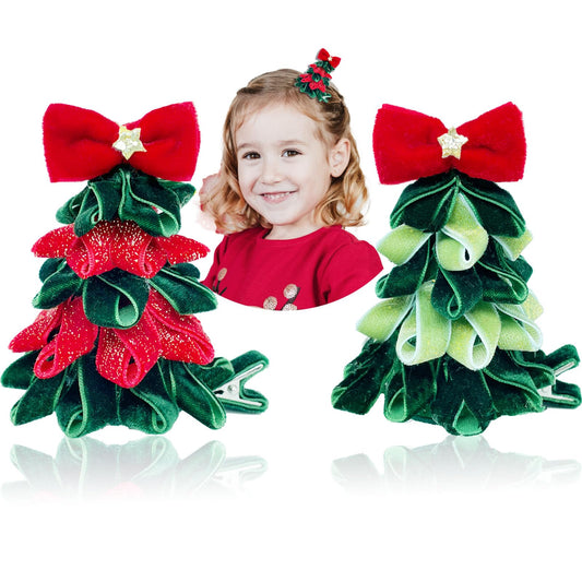 2PCS Christmas Hair Clips, Handmade Christmas Tree and Santa Style Christmas Hair Accessories for Women Girls Kids, Red Green Glittery Holiday Hair Clips Christmas Party Costume Accessories Gift