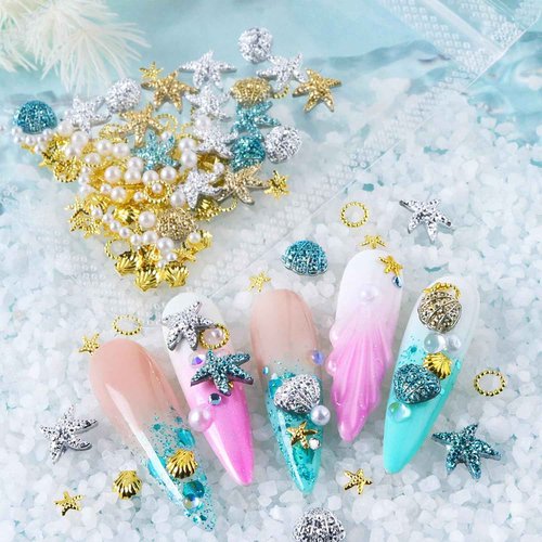 Summer Beach Sea Shell Nail Studs 3D Gold Silver Blue Starfish Nail Charms with Pearls Ocean Theme Resin Charms for Women Manicure Supplies Decorations DIY Craft Jewelry