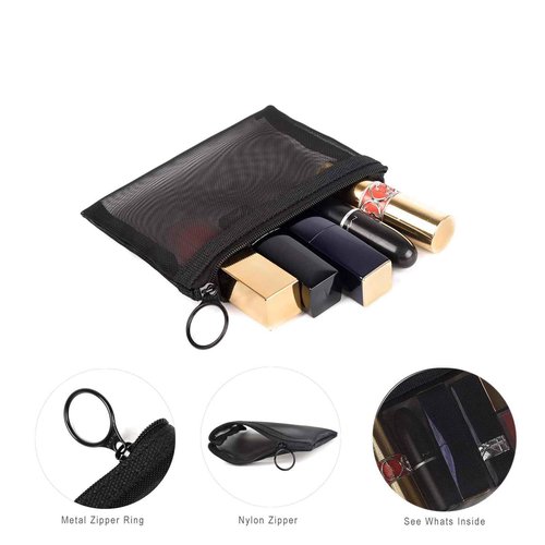 patu Zipper Mesh Bags, Pack of 5 (XS/S/M/L & Long Pouch), Beauty Makeup Cosmetic Accessories Organizer, Travel Toiletry Kit Set Storage Case, Black