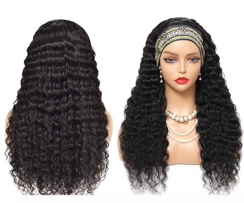 Aiterina Deep Wave Headband Wig 10 Inch Glueless Human Hair Wigs Machine Made No Lace Curly Hair Wigs Headband Wig Natural color