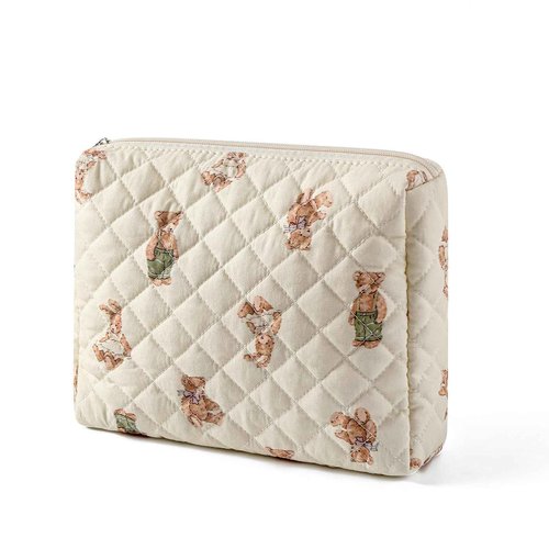 RSRSLEII 3Pcs Aesthetic Cotton Quilted Drawstring Makeup Bag Set, Aesthetic Cute Bow Makeup Pouch for Girls and Women, Aesthetic Travel Organized Cosmetic Bags for Purse(01Bear)