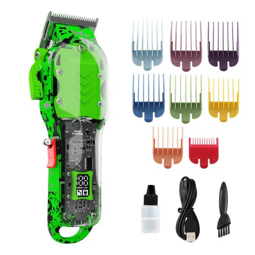Professional Hair Clippers for Men, Cordless Barber kit for Hair Cutting & Grooming, Green Hair Clippers Set for Barber Haircut with LED Display 8 Fade Taper Combs