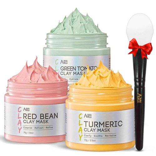 ANAI RUI 3 Pcs Pore Cleansing Face Mask Set,Green Tomato Clay Mask - Turmeric Vitamin C Facial Mask Red Bean Refreshing Pore Mask, 3-in-1 Spa Face Masks Skincare Gift Set 2.5 oz each