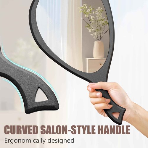 Large Handheld Mirror with Handle - 10.5" W x 19.5" L Extra Large Size to See The Entire Back of Your Head, Clear Without Distortion, Ergonomic Handle with Hanging Hole for Hanging, Oval, Black