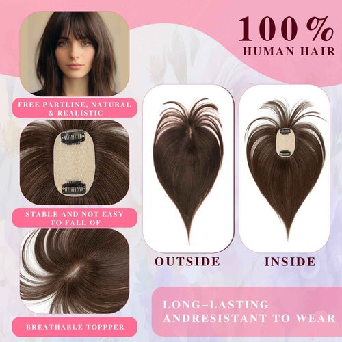 EAVFEFE 14" Long Hair Toppers for Women - Real Human Hair 4# Medium Brown, 360° Full Cover with Bangs & 2 Clips | Volumizing for Thinning Hair (14in 4#)