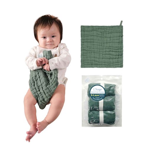 L'Ange Baby Washcloths and Burp Cloths Set - 3 Pack of 9 Layer 100% Cotton Muslin for Sensitive Skin - Super Absorbent - Medical Grade Packaging for Infants Newborns and Toddlers- 9x9 - Green