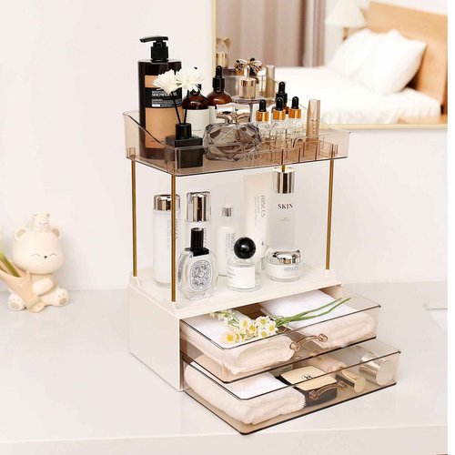 Fengligoo Elegant 2-Tier 2-Drawer Bathroom Countertop Organizer, Multi-Purpose Makeup & Skincare Organizer, Champagne Gold