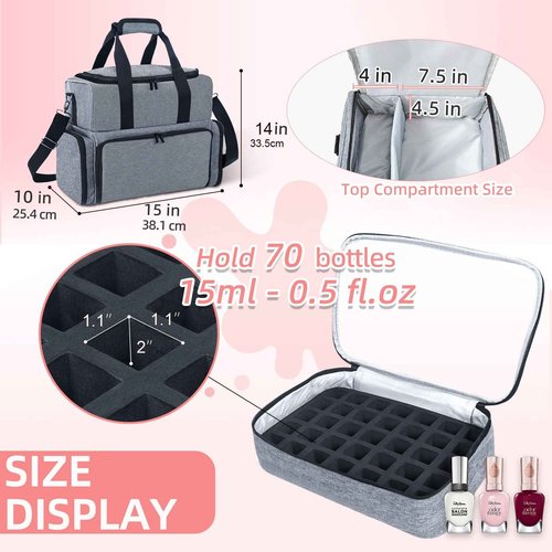 ALSLEA Nail Polish Organizer 3 Layers Holds 70 Bottles (15ml - 0.5 fl.oz) Portable Gel Nail Kit Organizer Case for Nail Lamp Travel Nail Supplies Bag with 2 Removable Nail Polish Holder Pouches (Gray)