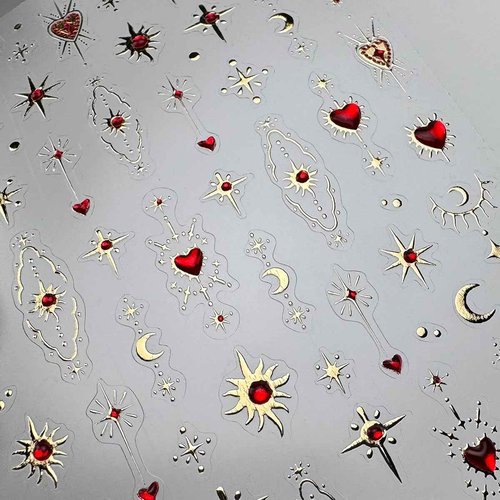 5D Embossed Gold Star Nail Stickers - Red Heart & Moon Nail Art Stickers for Valentine's Day DIY Manicure