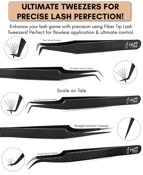 Fiber Tip Lash Tweezers Set for Eyelash Extensions – Curved Classic, Mega 90 Degree Boot, 45 Degree Angle & Isolation Tweezer, Stainless Steel Precision, Non Slip Professional Application Kit