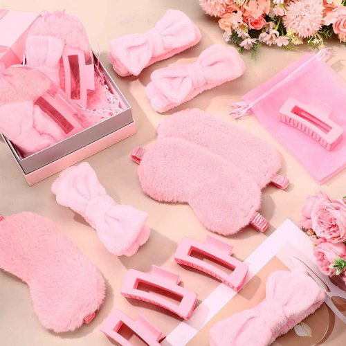 Wavyknot 48 Pcs Spa Party Supplies Sleep over Essentials 12 Pink Spa Headband 12 Pink Plush Sleep Eye Mask 12 Claw Clips 12 Organza Bags for Slumber Party Christmas Gift