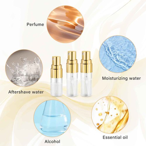 BOSMIOW 30Pcs 2ml Empty Clear Glass Mist Spray Bottle with Golden Aluminized Nozzle,Refillable Mini Perfume Atomizer,Travel Sample Liquid Bottle,Makeup Container for Perfume,Air Fresheners,