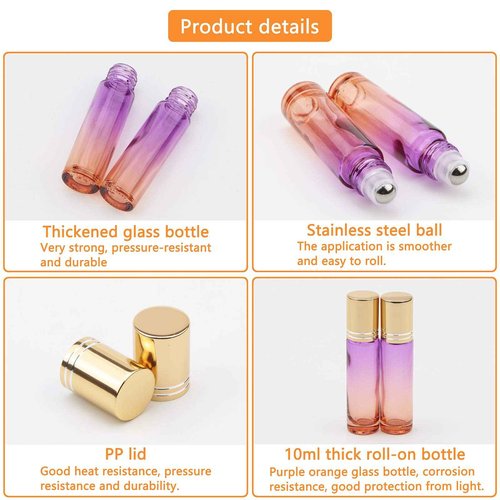 Ellbest 10pcs 10ml Rolling Glass Bottle for Essential Oil Colorful Roller Bottles with Stainless Steel Roller Balls & Funnels for Perfume (Purple Orange Gradient)