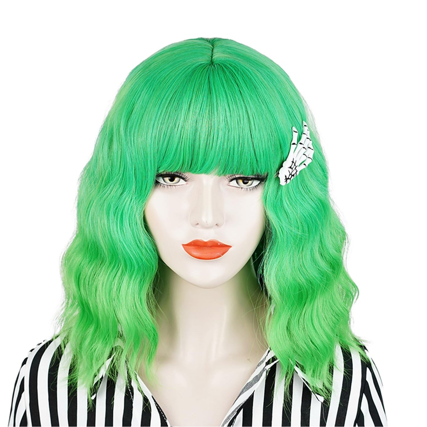 QACCF Short Wavy Shoulder Length Women Full Bang Heat Resistant Bud Green Realistic Synthetic Wig with Hair Pin (Bud)