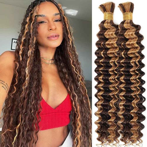 Human Braiding Hair for Boho Braids 100g 18 Inch Ombre Highlight Curly Boho Hair for Braiding Knotless 12A Deep Wave Bulk Bohemian 2 Bundles/Pack Color P4/27