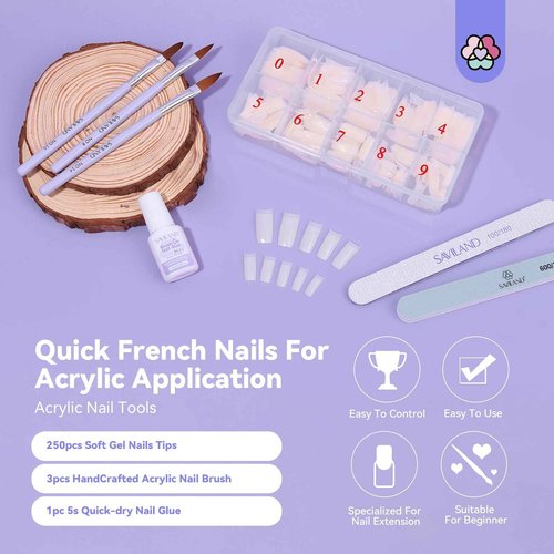 SAVILAND French Acrylic Nail Kit with Half Cover False Nail Tips 10 Sizes Acrylic Nail Tips with Glue
