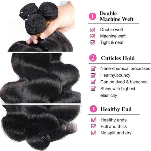 Peenoll 14 16 18 Inch Body Wave Human Hair Bundles Natural Black Bundles Human Hair 12A Unprocessed Brazilian Virgin Quick Weave Hair Extensions for Black Women