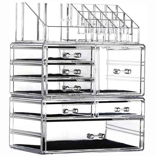 Clear Acrylic Makeup Organizer for Vanity,Countertop,Stackable 7 Drawers Bathroom Skincare Organizer with Brush Holder,Large Skin Care Organizer for Jewelry,Beauty Product Lipsticks,Nail Polishes