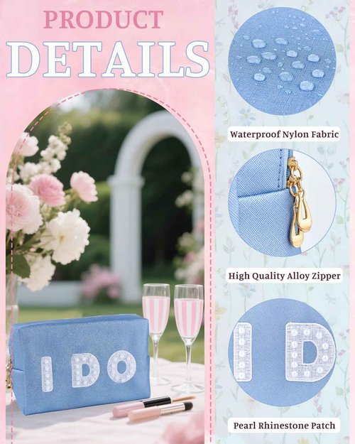 LIWOFLY Personalized Cosmetic Bag Pearl Monogram, Cute custom Makeup Bags for Women Girls Leather Bridesmaid Travel Makeup Bag, Aesthetic Toiletry Bag Organizer Storage Pouch, Blue I DO